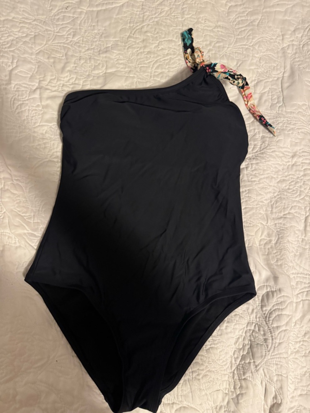 Kona Sol Black One-Piece Swimsuit with Floral Tie Strap